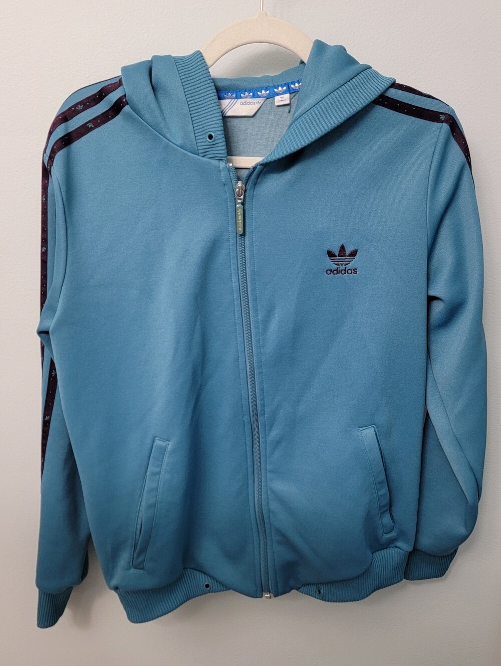 Vintage Adidas Originals Zip Hoodie Blue with Plum Stripes – Size L